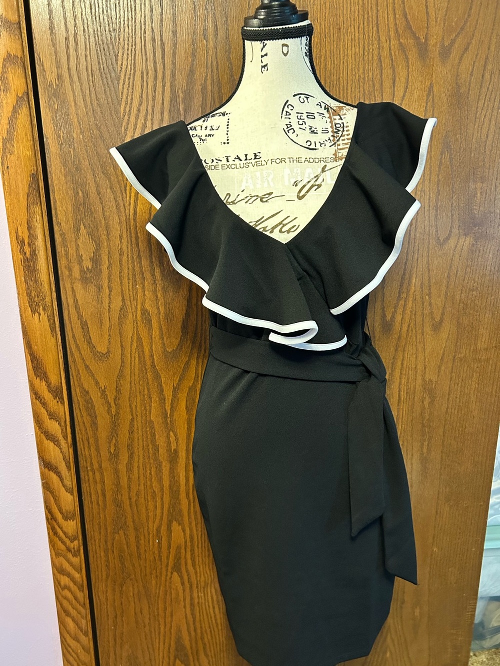 Bebe Black Ruffle Wrap Dress with White Trim - Women NWT size Small